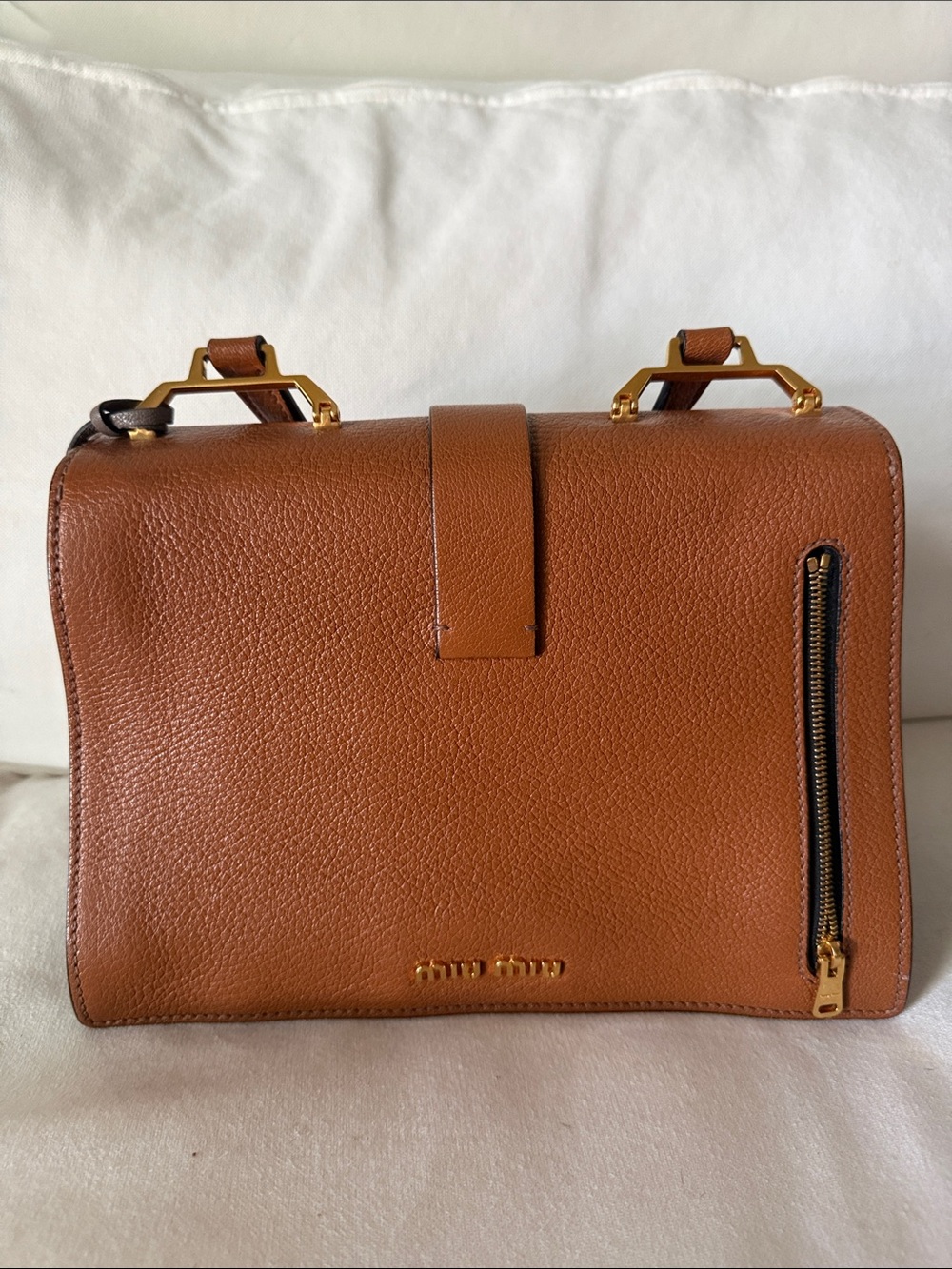 Miu Miu Tan Pebbled Leather Messenger Bag with Gold Hardware